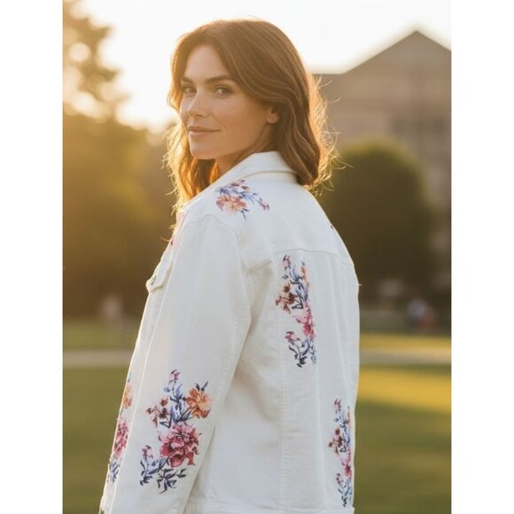 DG2 Denim Jacket Diane Gilman Bohemian Floral Pockets Fringed Comfy Designer 3X - Picture 2 of 8